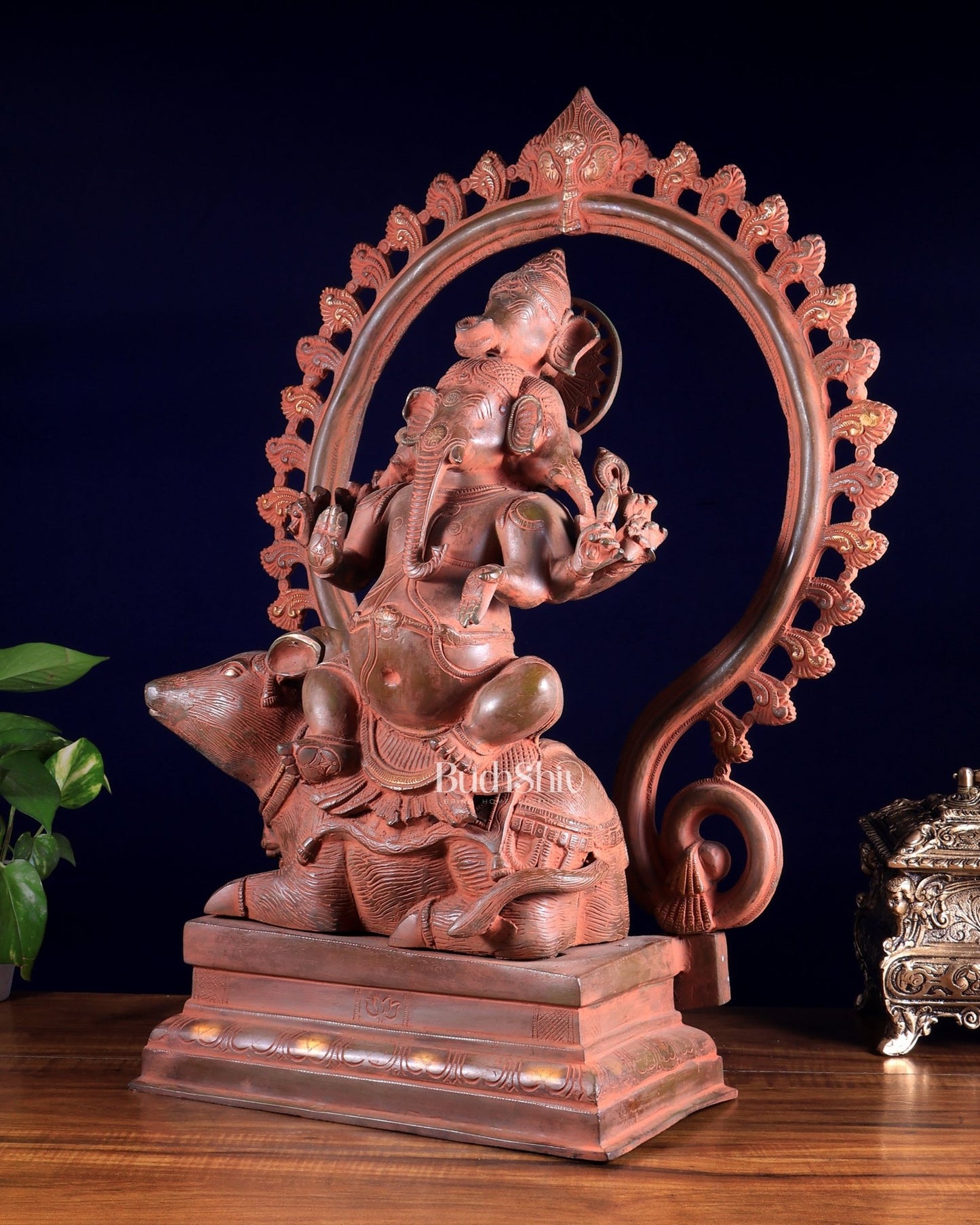 Brass Lord Ganesha Seated on Mooshak with Prabhavali – Red Sand Patina 24 inch - Budhshiv.com