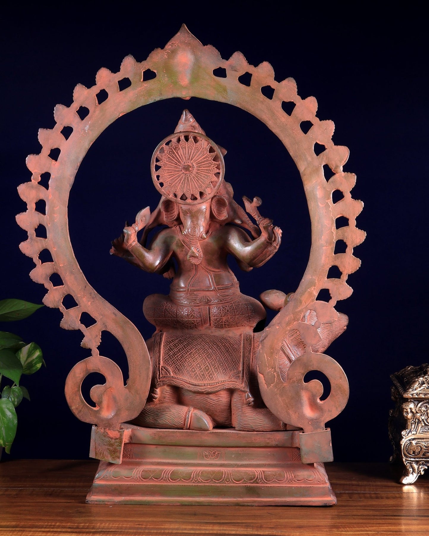 Brass Lord Ganesha Seated on Mooshak with Prabhavali – Red Sand Patina 24 inch - Budhshiv.com