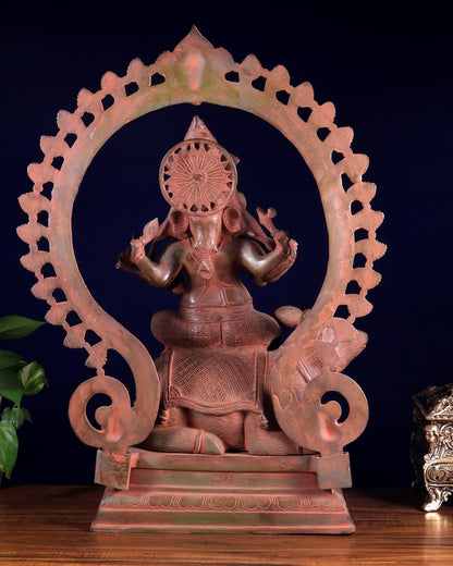 Brass Lord Ganesha Seated on Mooshak with Prabhavali – Red Sand Patina 24 inch - Budhshiv.com