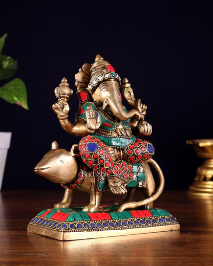 Brass Lord Ganesha Sitting on mooshak Idol | Height 7 inch - Budhshiv.com