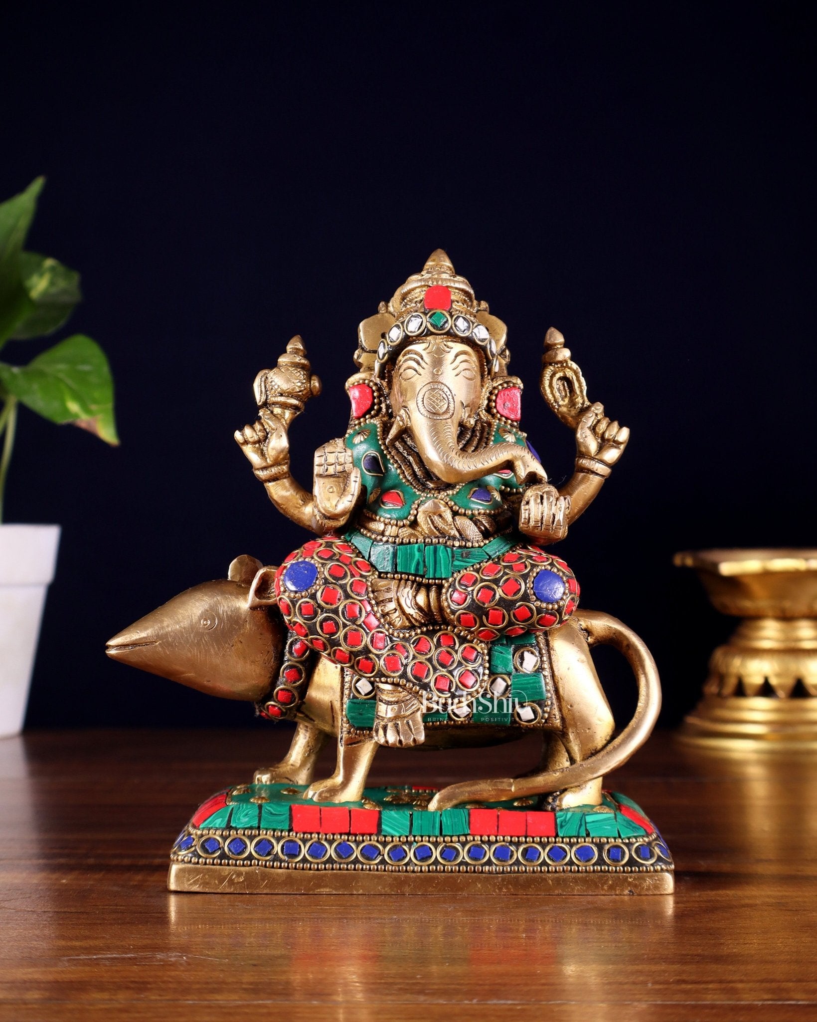 Brass Lord Ganesha Sitting on mooshak Idol | Height 7 inch - Budhshiv.com