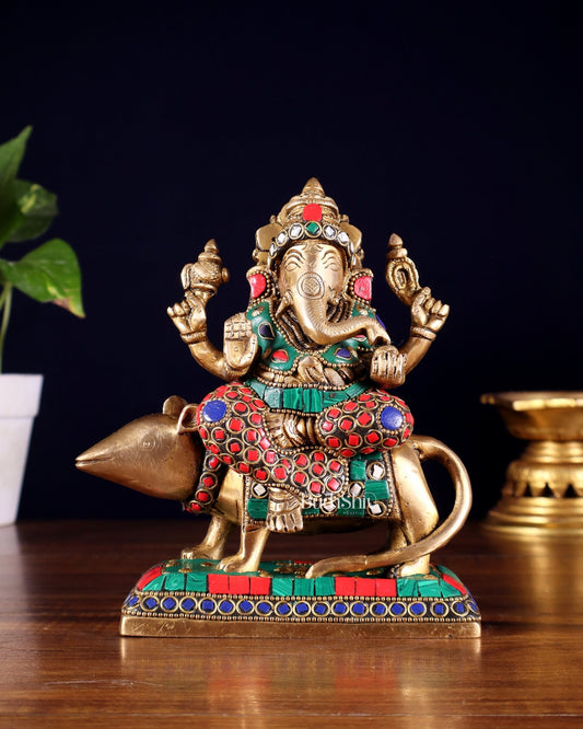 Brass Lord Ganesha Sitting on mooshak Idol | Height 7 inch - Budhshiv.com
