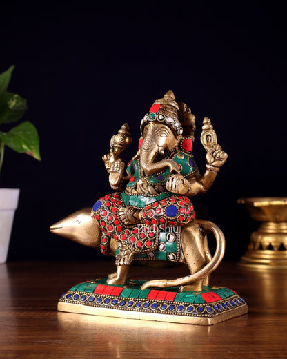 Brass Lord Ganesha Sitting on mooshak Idol | Height 7 inch - Budhshiv.com