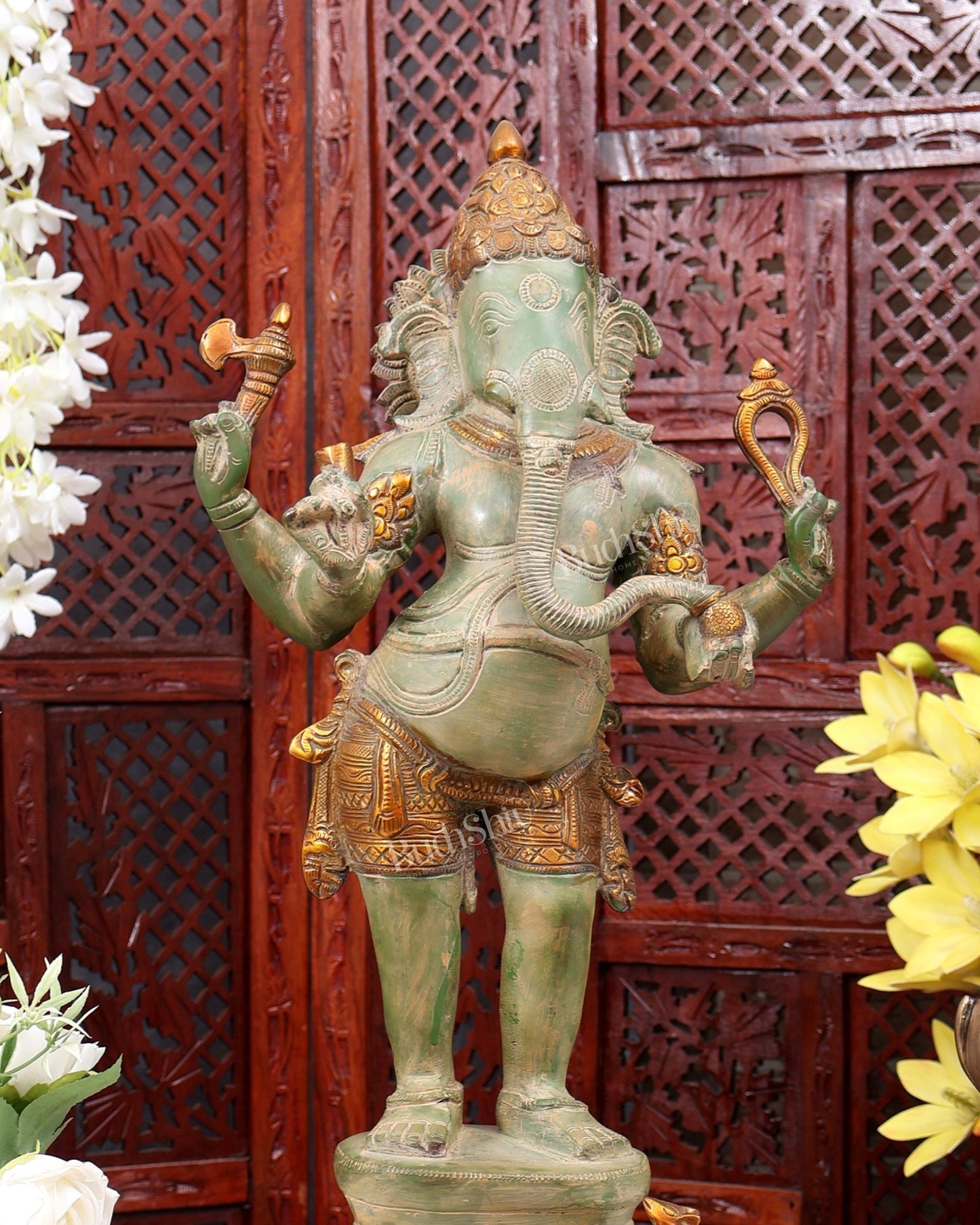 Brass Lord Ganesha standing Statue - 20 Inches | Green patina - Budhshiv.com