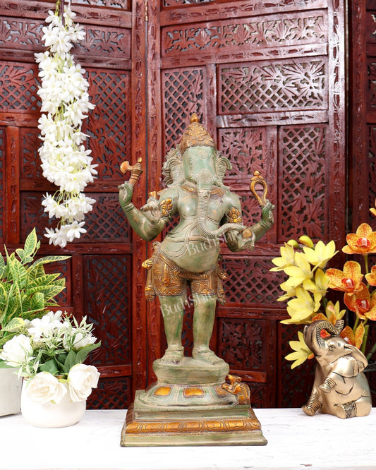 Brass Lord Ganesha standing Statue - 20 Inches | Green patina - Budhshiv.com