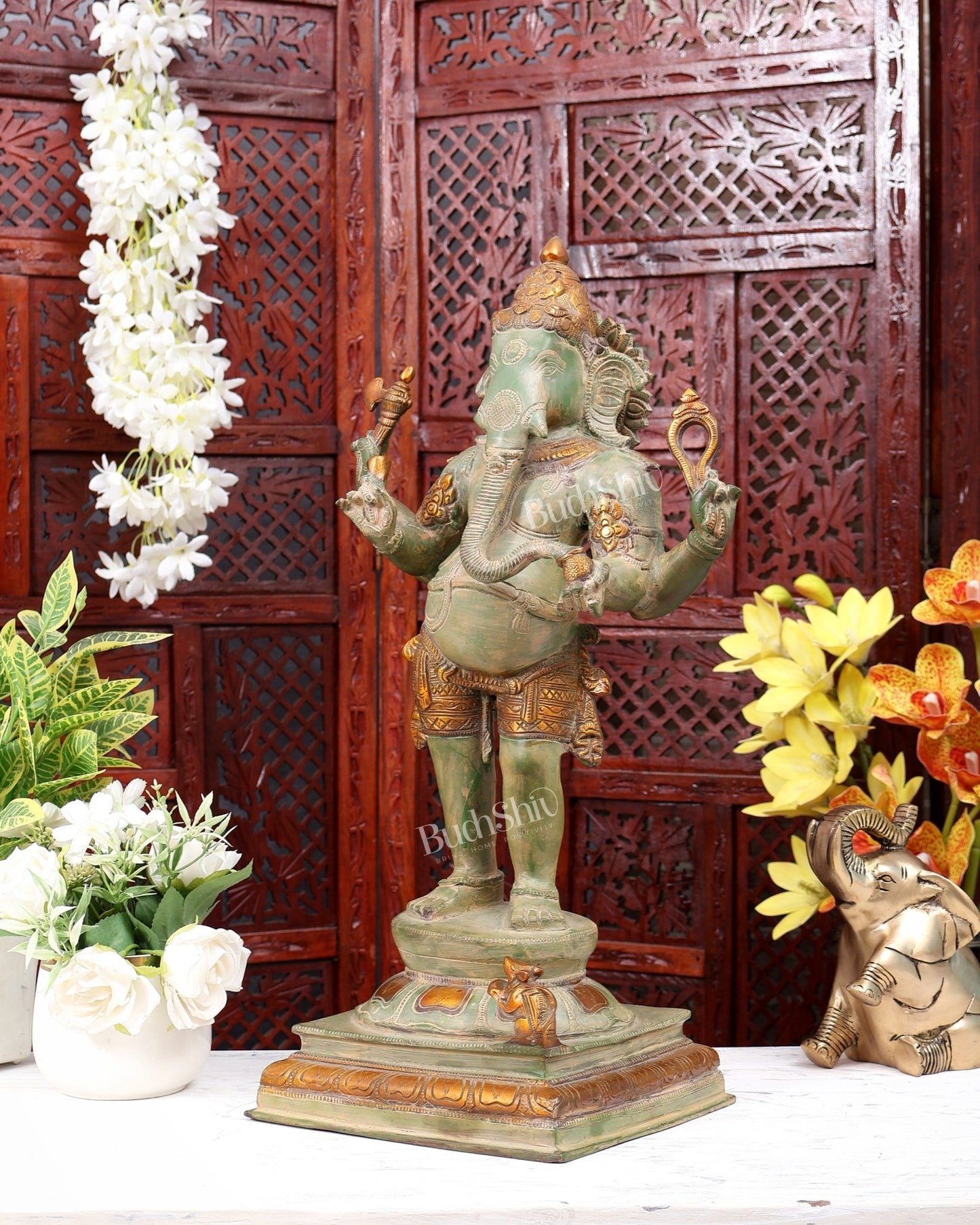 Brass Lord Ganesha standing Statue - 20 Inches | Green patina - Budhshiv.com