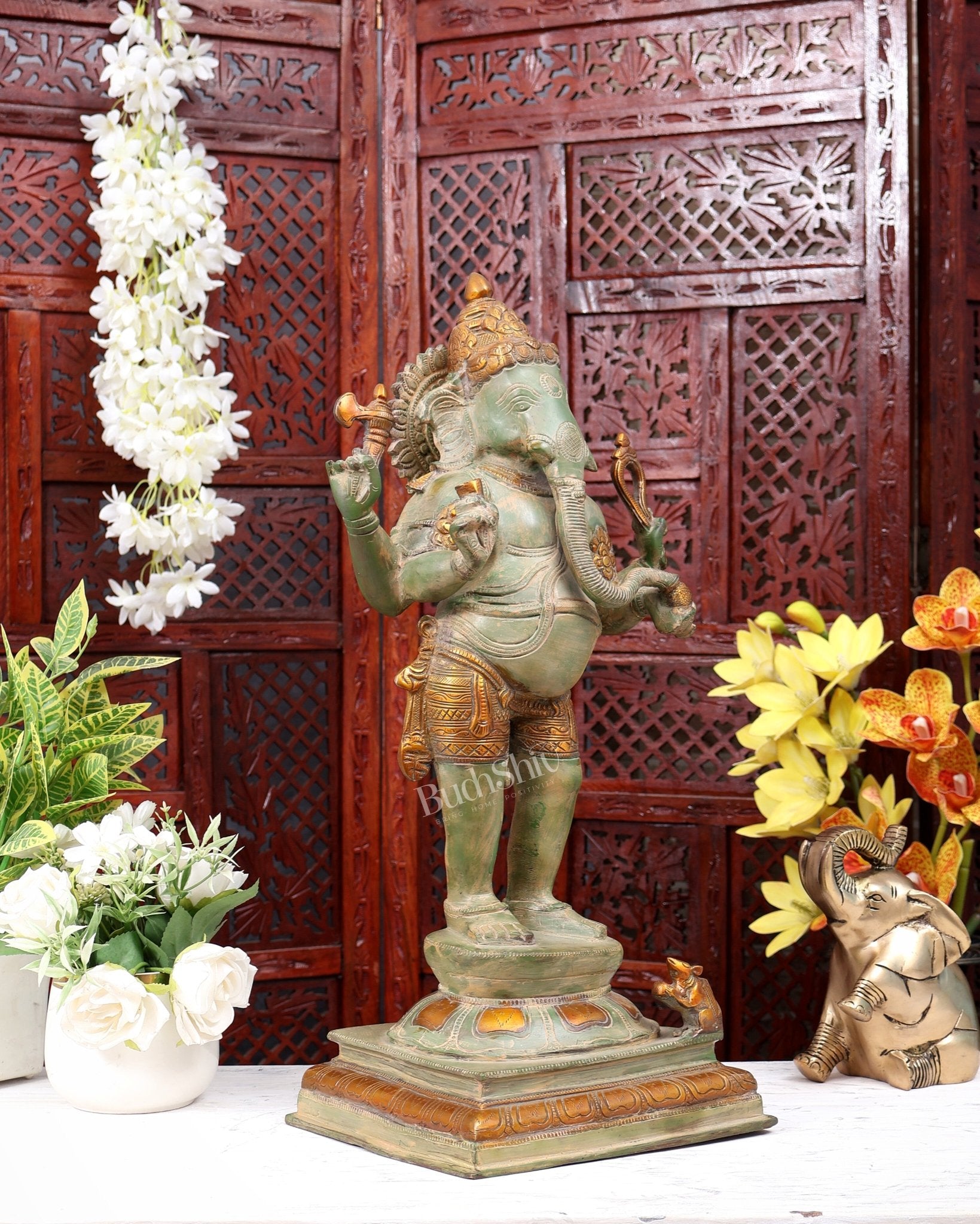 Brass Lord Ganesha standing Statue - 20 Inches | Green patina - Budhshiv.com