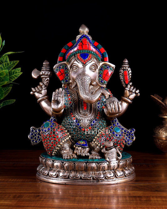 Brass Lord Ganesha Statue - 12.5 Inch Stonework - Budhshiv.com