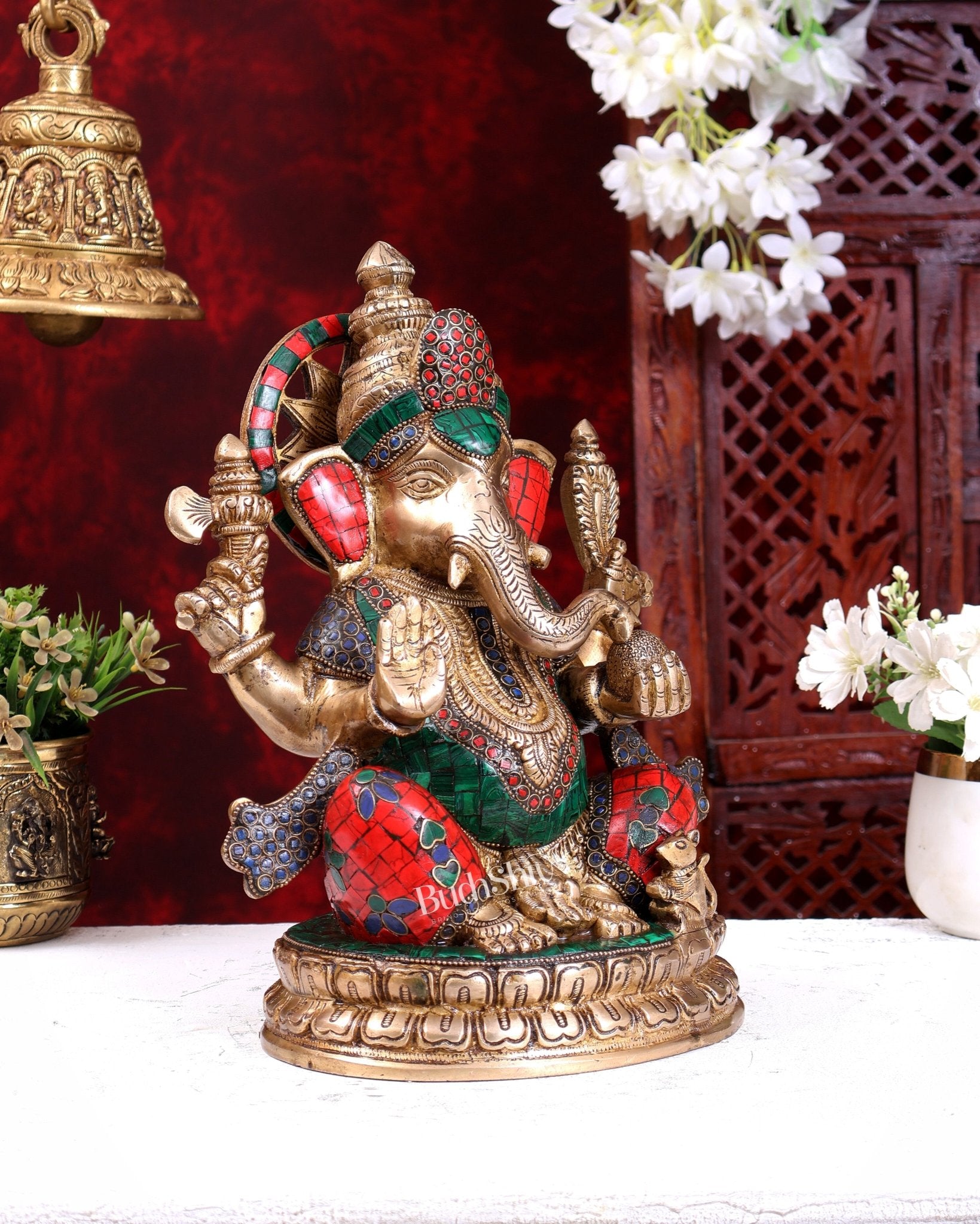 Brass Lord Ganesha Statue - 12.5 Inch Stonework - Budhshiv.com