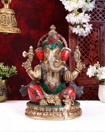 Brass Lord Ganesha Statue - 12.5 Inch Stonework - Budhshiv.com