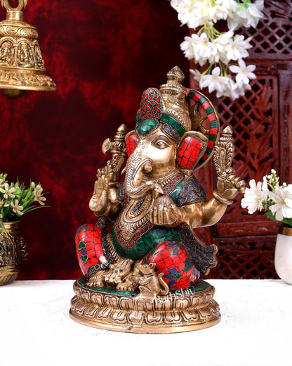 Brass Lord Ganesha Statue - 12.5 Inch Stonework - Budhshiv.com