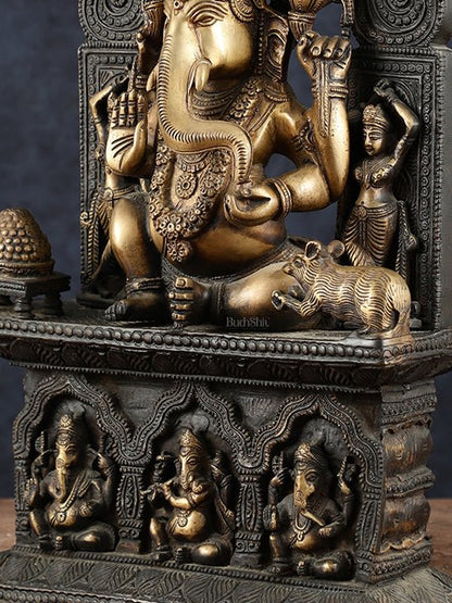 Brass Lord Ganesha Statue – 20" Height, Antique Chola Style, Dual - Tone Finish - Budhshiv.com