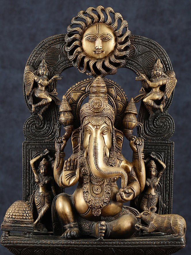 Brass Lord Ganesha Statue – 20" Height, Antique Chola Style, Dual - Tone Finish - Budhshiv.com