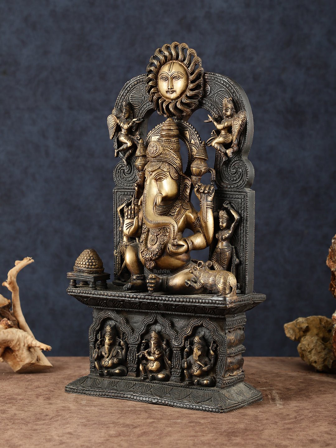 Brass Lord Ganesha Statue – 20" Height, Antique Chola Style, Dual - Tone Finish - Budhshiv.com