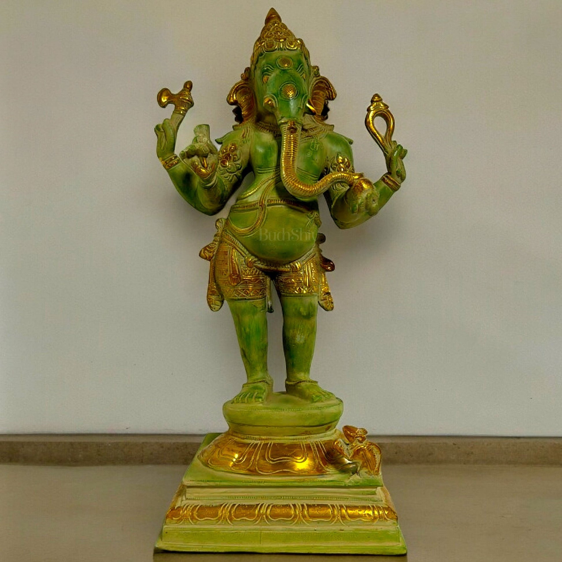 Brass Lord Ganesha Statue - 20 Inch, Green Sand Finish - Budhshiv.com