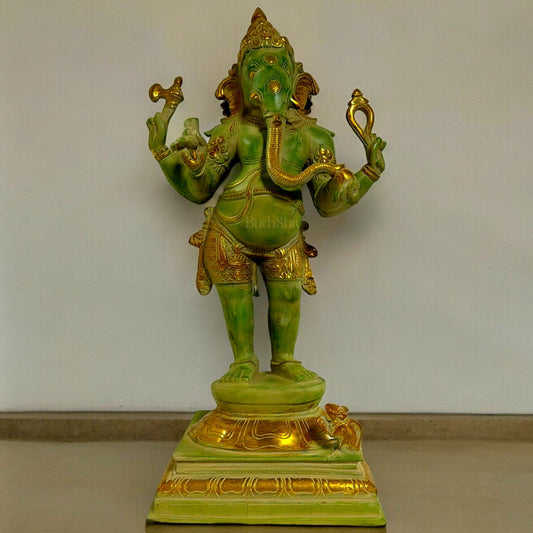 Brass Lord Ganesha Statue - 20 Inch, Green Sand Finish - Budhshiv.com