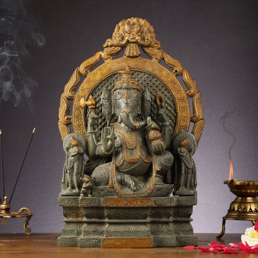 Brass Lord Ganesha Statue - Antique Tone with Riddhi Siddhi 18 inch - Budhshiv.com