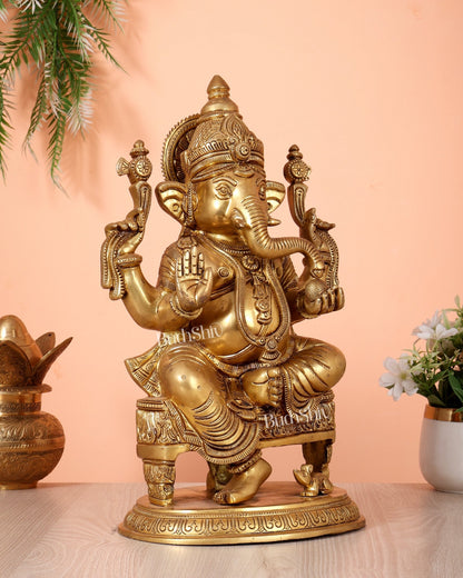 Brass Lord Ganesha Statue enhanced carvings - 15.5" - Budhshiv.com