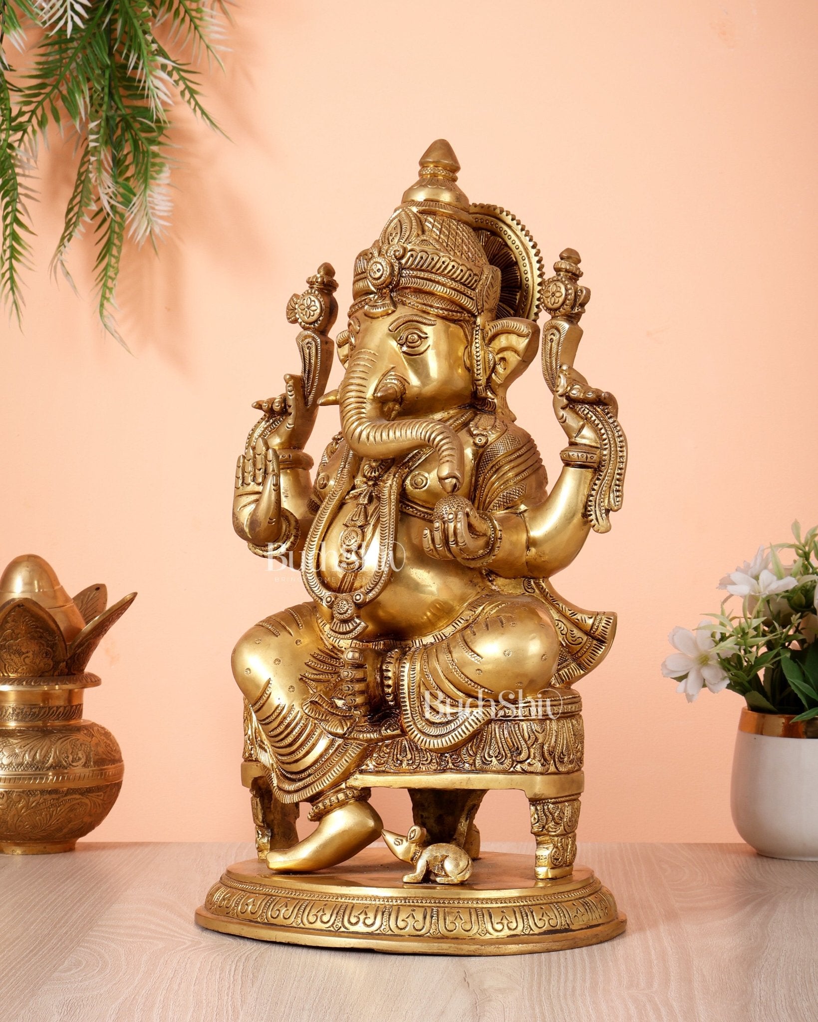 Brass Lord Ganesha Statue enhanced carvings - 15.5" - Budhshiv.com