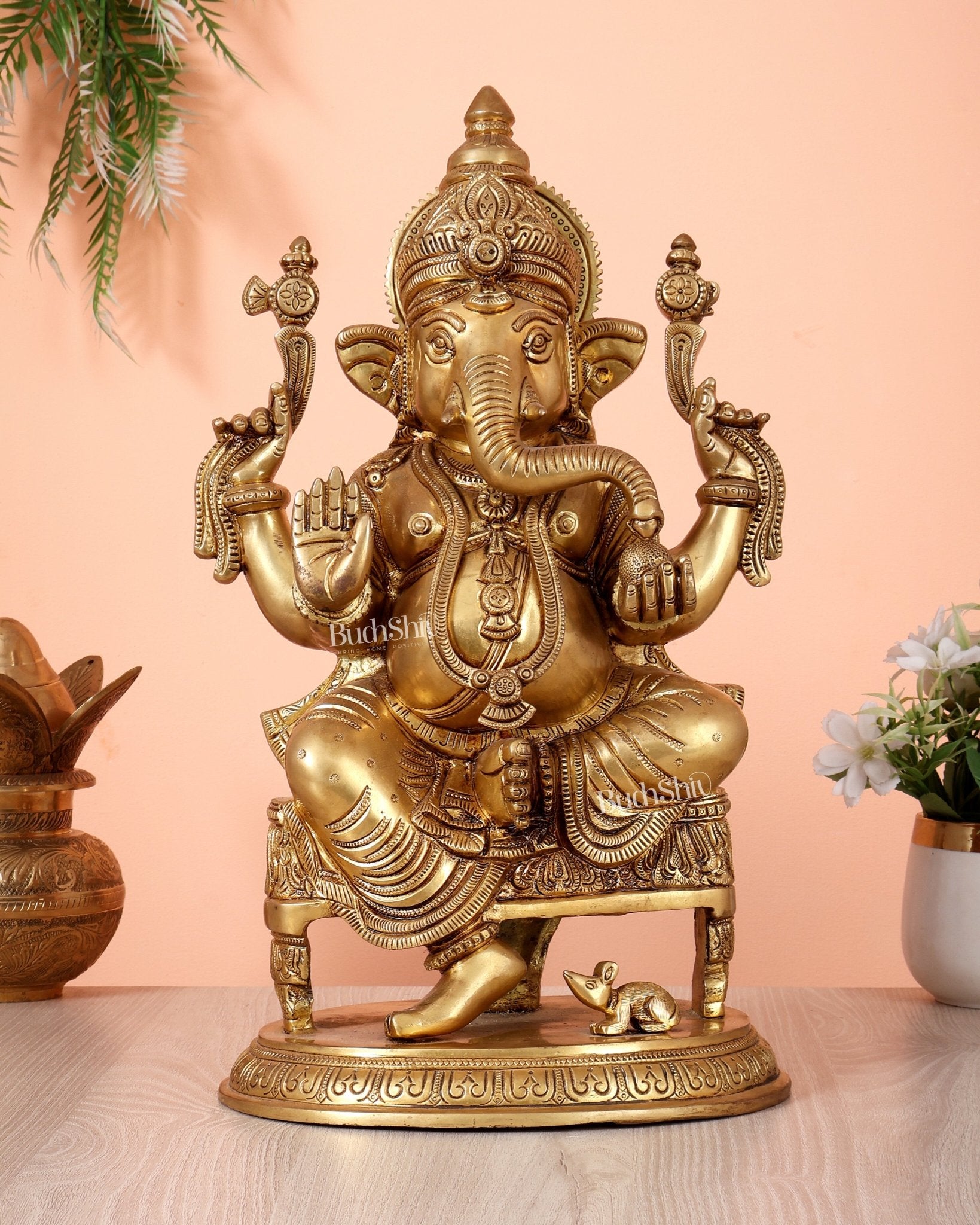 Brass Lord Ganesha Statue enhanced carvings - 15.5" - Budhshiv.com