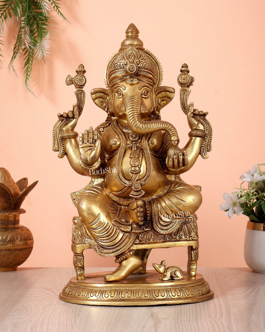 Brass Lord Ganesha Statue enhanced carvings - 15.5" - Budhshiv.com