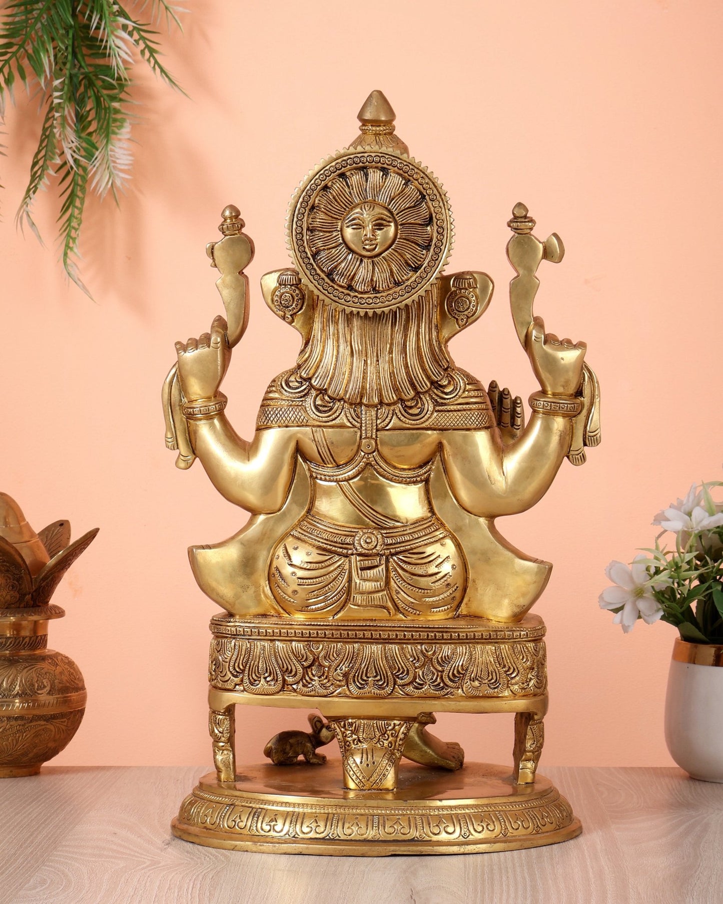 Brass Lord Ganesha Statue enhanced carvings - 15.5" - Budhshiv.com