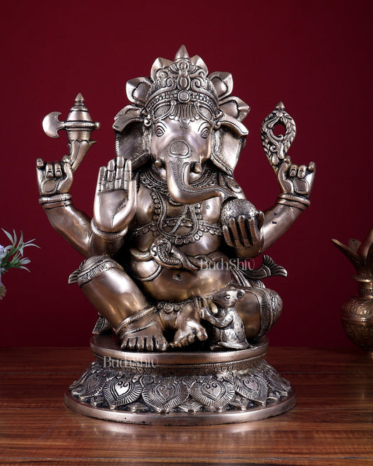 Brass Lord Ganesha Statue – Fine Carvings with Matte Finish 14 inch - Budhshiv.com