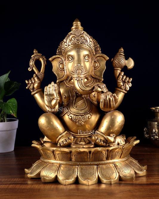 Brass Lord Ganesha Statue on Lotus Base 14 inch - Budhshiv.com