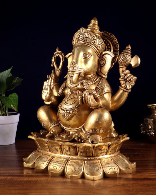 Brass Lord Ganesha Statue on Lotus Base 14 inch - Budhshiv.com