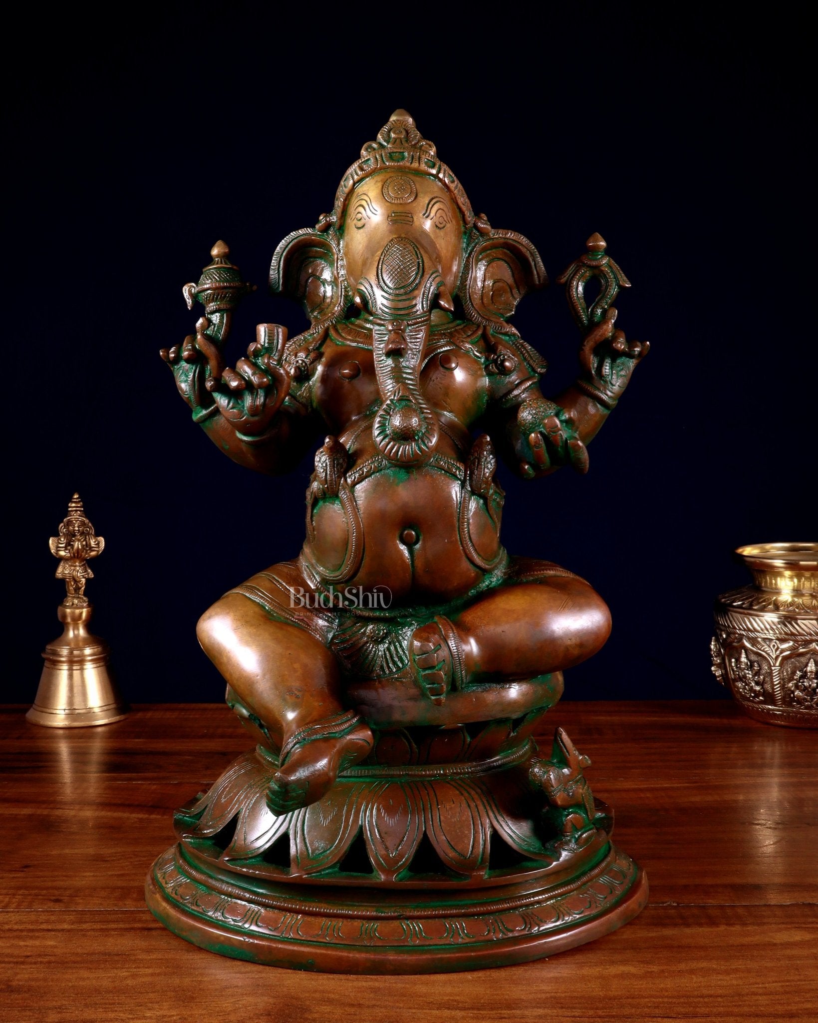 Brass Lord Ganesha Statue on Lotus Base chola style – 14” - Budhshiv.com