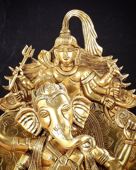 Brass Lord Ganesha Statue on Singhasan Throne with Shiva - 16" - Budhshiv.com