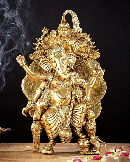 Brass Lord Ganesha Statue on Singhasan Throne with Shiva - 16" - Budhshiv.com