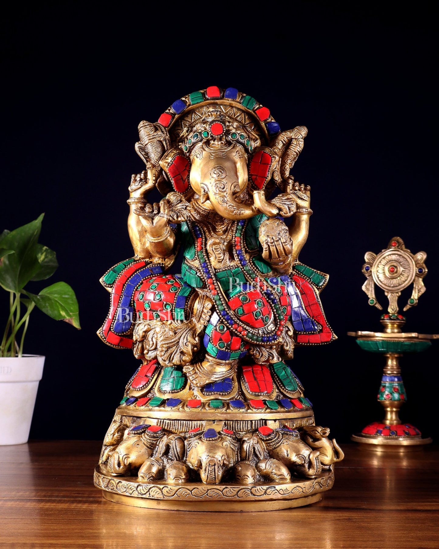 Brass Lord Ganesha Statue Seated on Elephant Throne - 12 Inch - Budhshiv.com