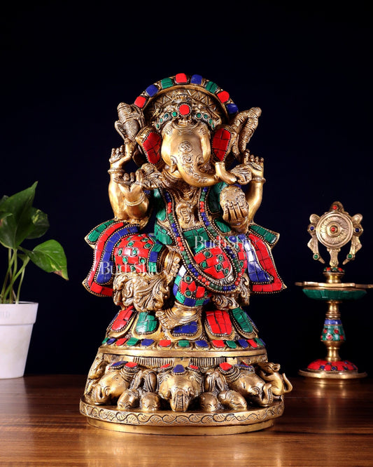 Brass Lord Ganesha Statue Seated on Elephant Throne - 12 Inch - Budhshiv.com