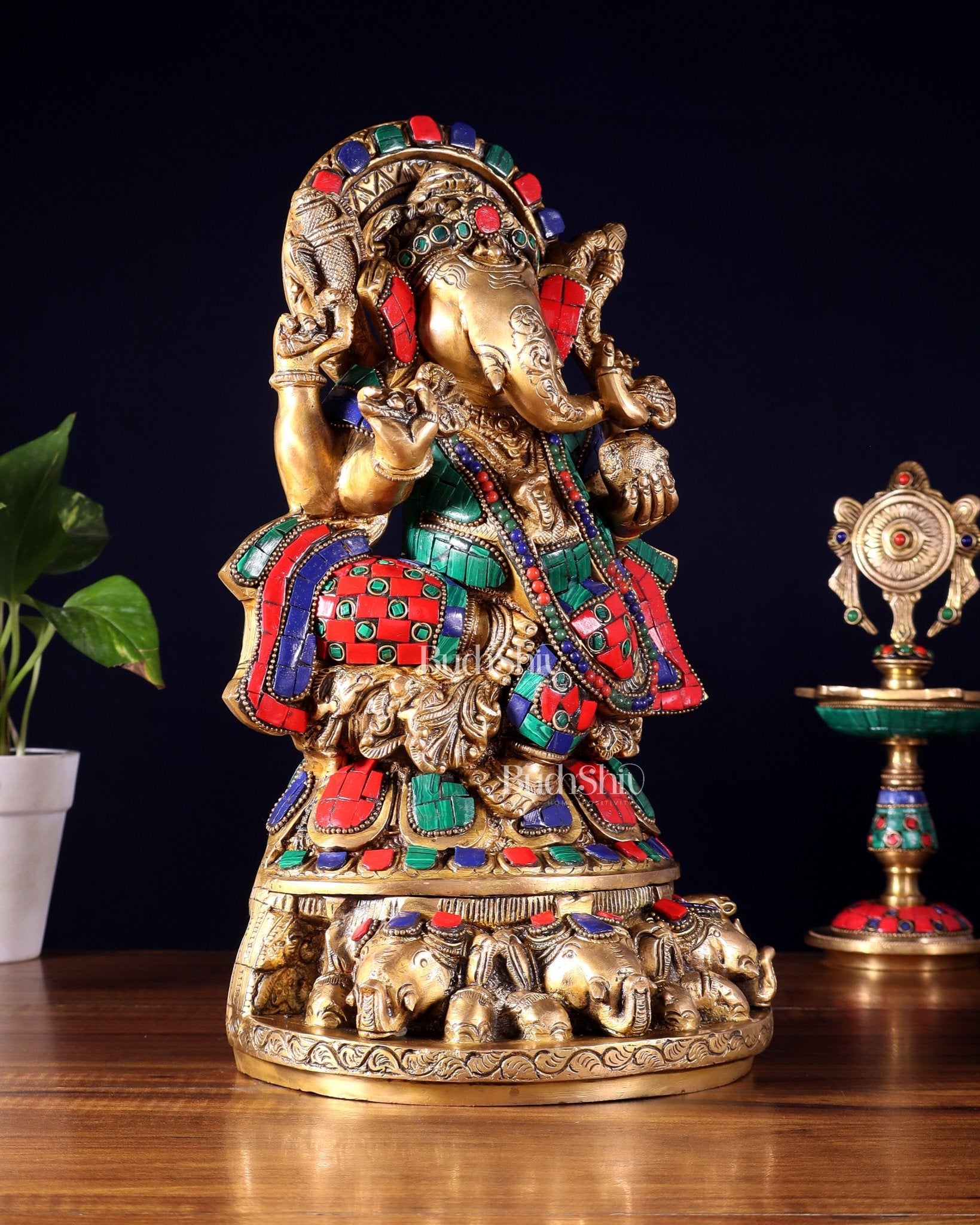 Brass Lord Ganesha Statue Seated on Elephant Throne - 12 Inch - Budhshiv.com