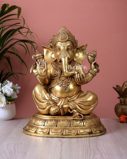 Brass Lord Ganesha Statue – Unique Handcrafted Design (16 Inch) - Budhshiv.com
