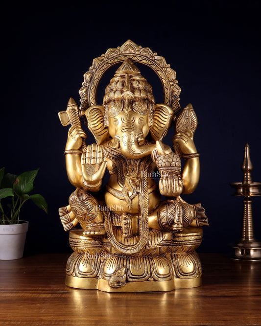 Brass Lord Ganesha Statue with Enhanced Carvings – Divine Elegance 20" - Budhshiv.com