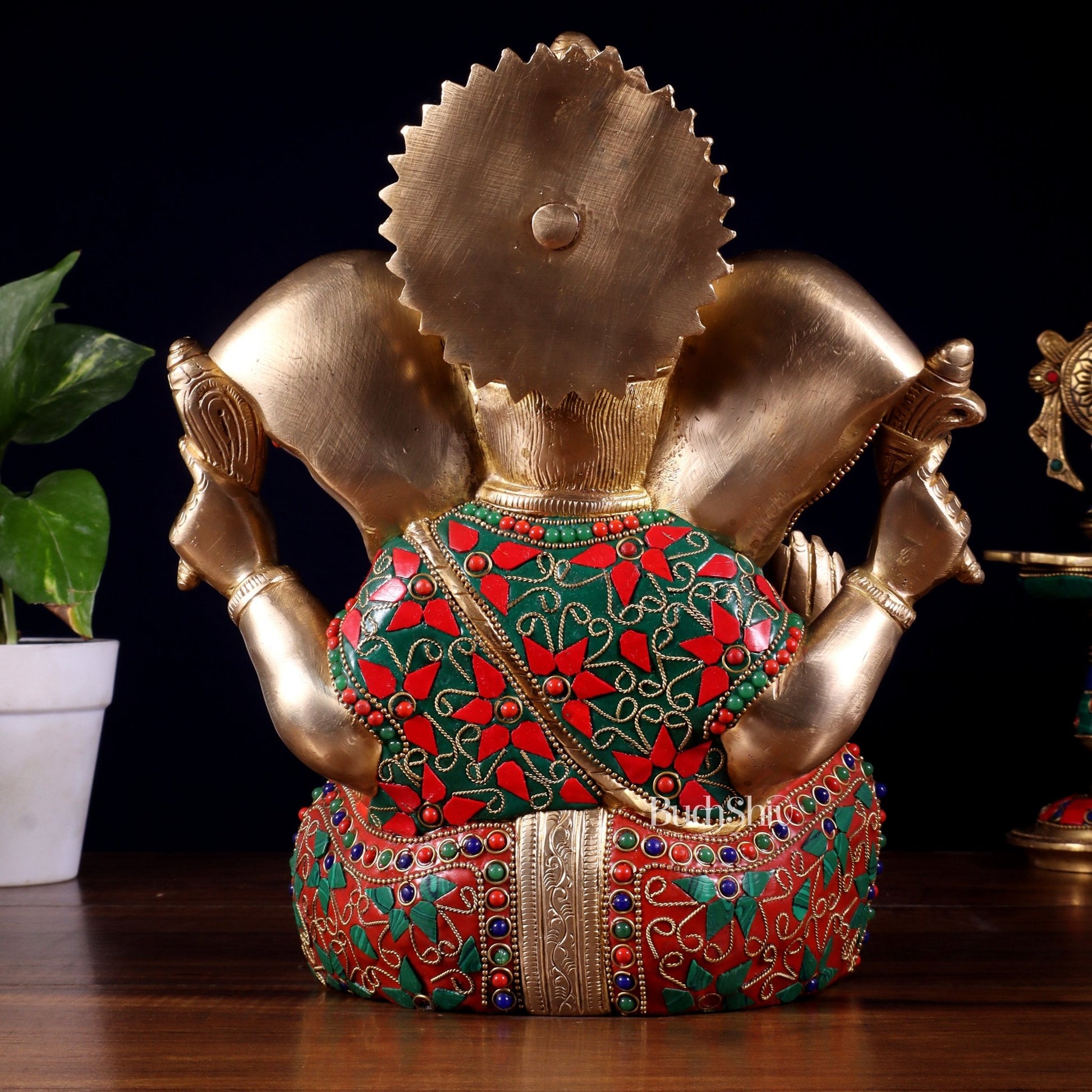 Brass Lord Ganesha Statue with Floral Stonework - 10" - Budhshiv.com