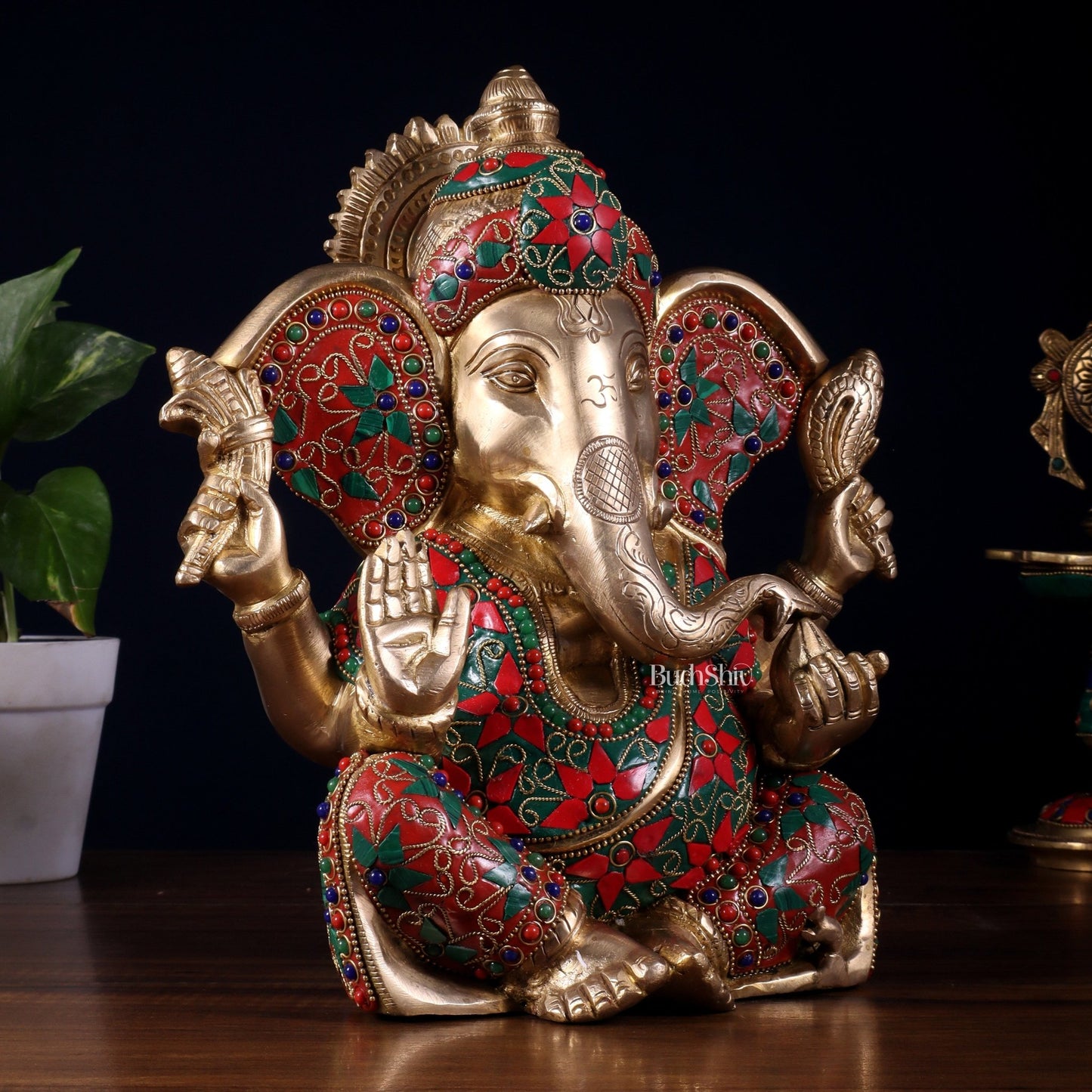 Brass Lord Ganesha Statue with Floral Stonework - 10" - Budhshiv.com