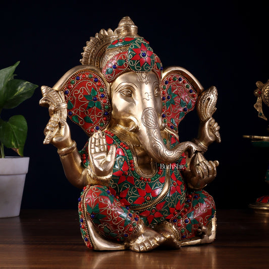 Brass Lord Ganesha Statue with Floral Stonework - 10" - Budhshiv.com