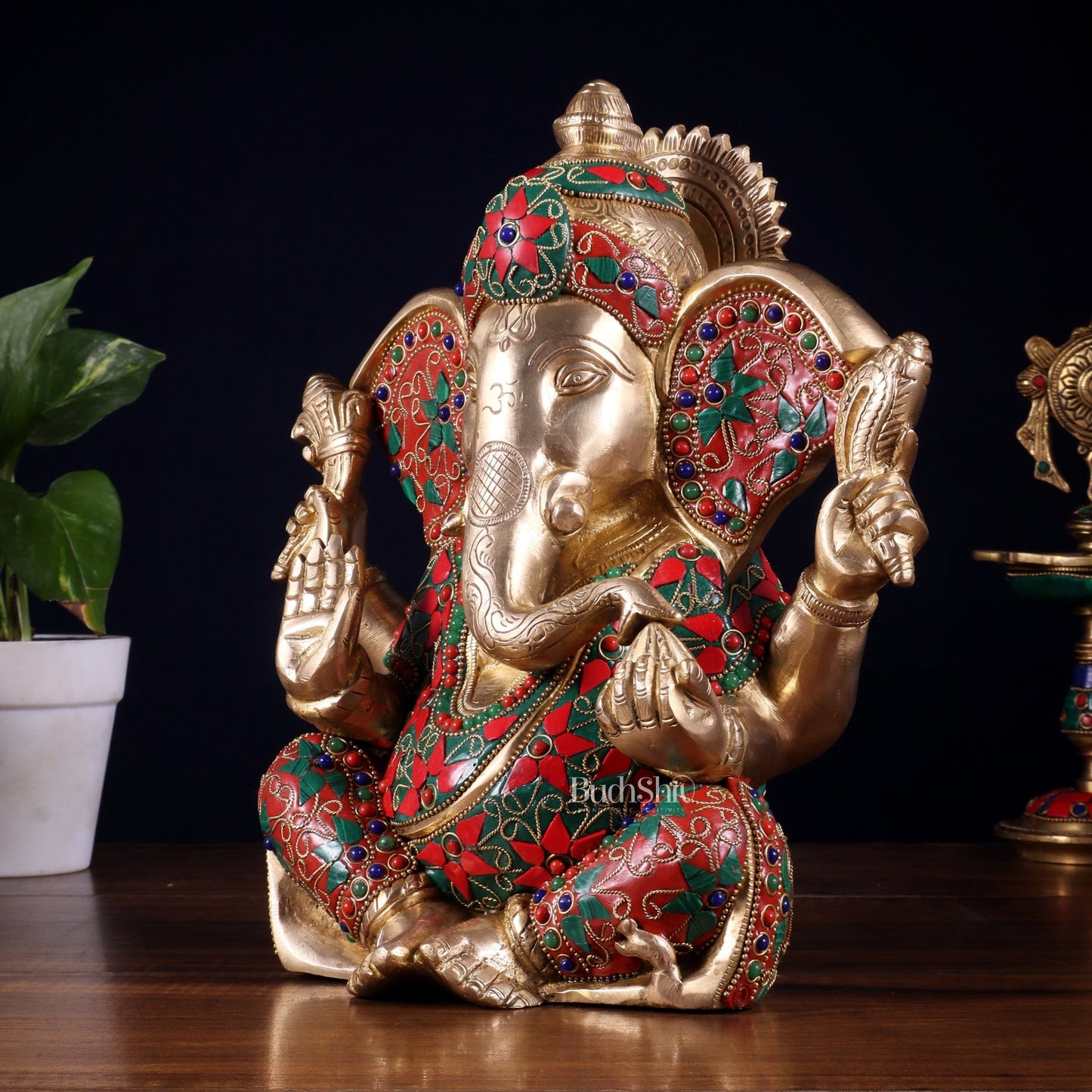 Brass Lord Ganesha Statue with Floral Stonework - 10" - Budhshiv.com