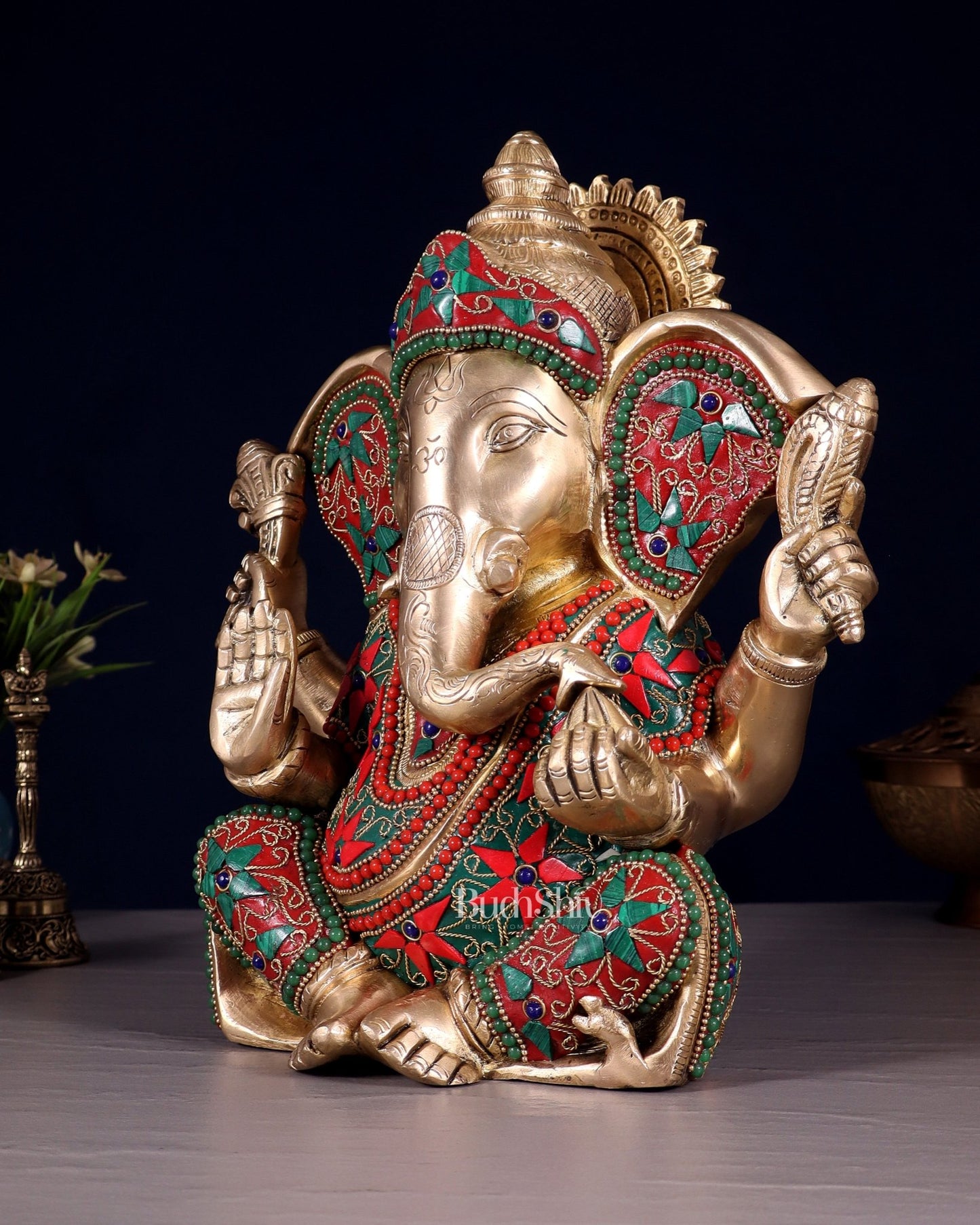 Brass Lord Ganesha Statue with Floral Stonework - 10" - Budhshiv.com