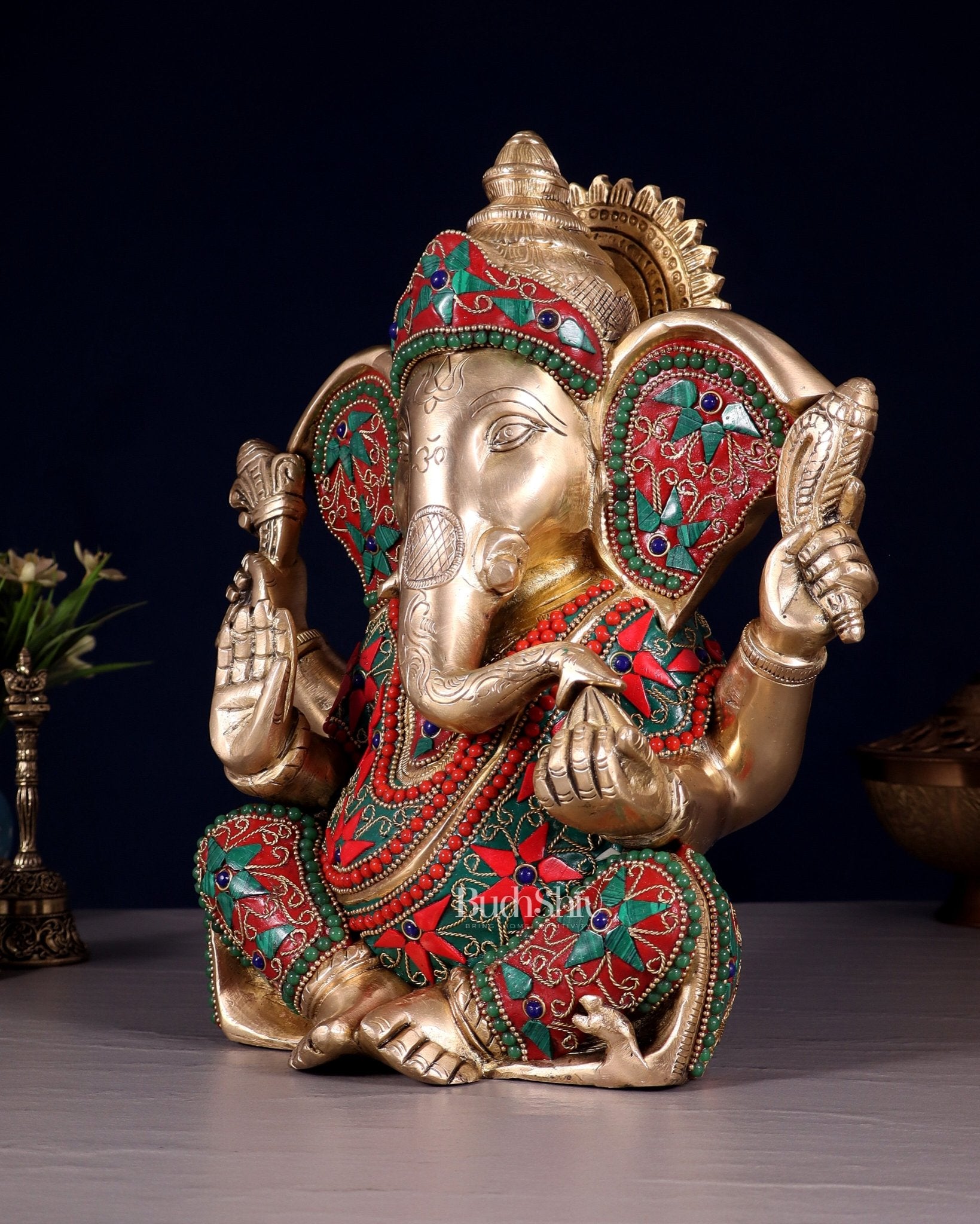 Brass Lord Ganesha Statue with Floral Stonework - 10" - Budhshiv.com
