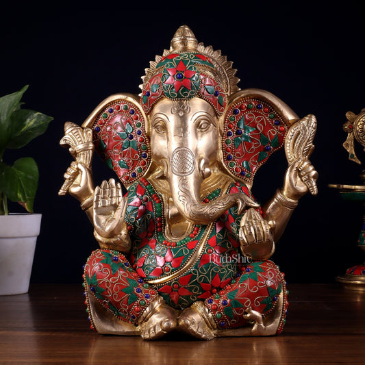 Brass Lord Ganesha Statue with Floral Stonework - 10" - Budhshiv.com