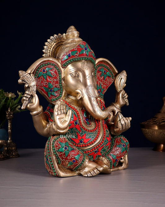 Brass Lord Ganesha Statue with Floral Stonework - 10" - Budhshiv.com