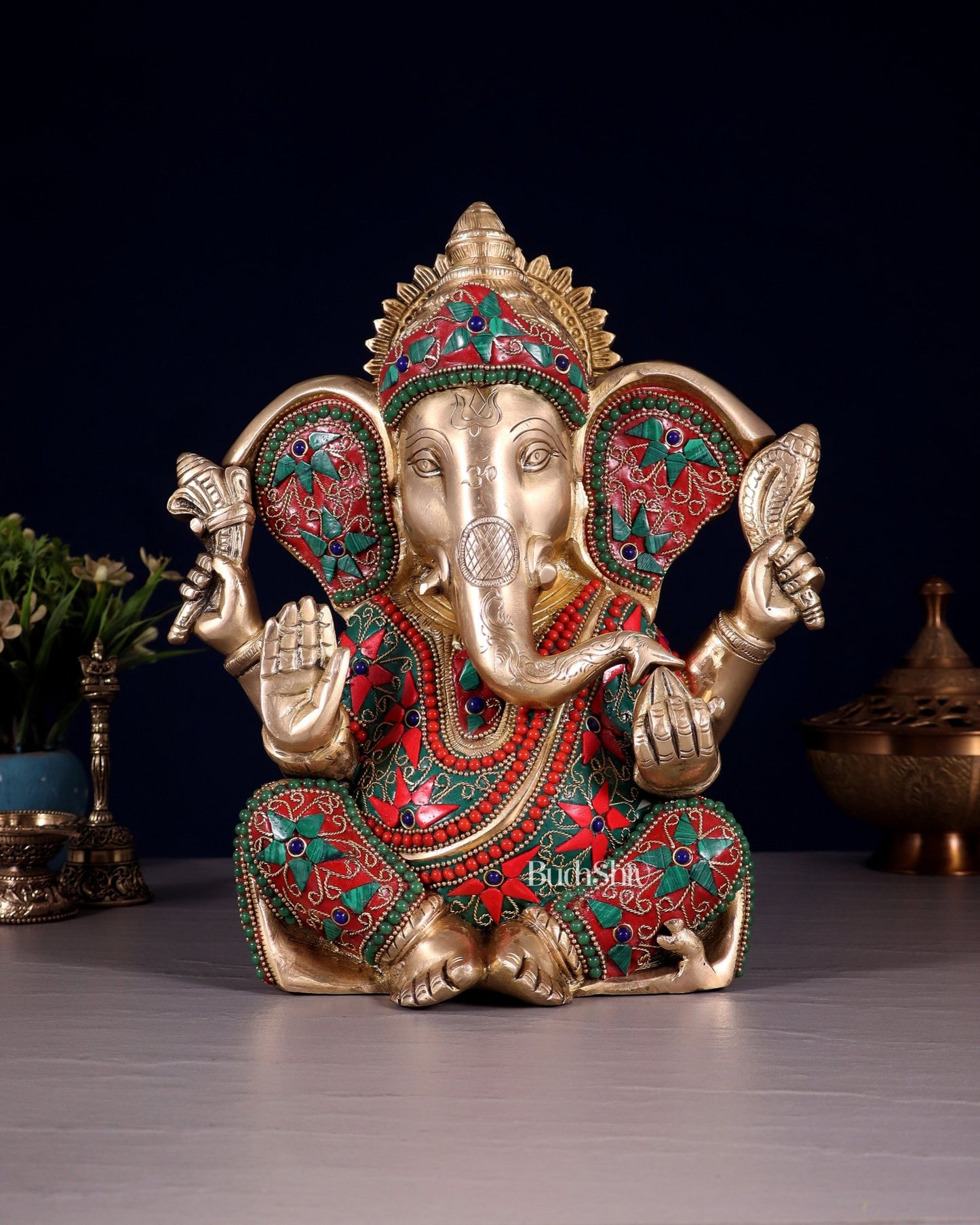 Brass Lord Ganesha Statue with Floral Stonework - 10" - Budhshiv.com
