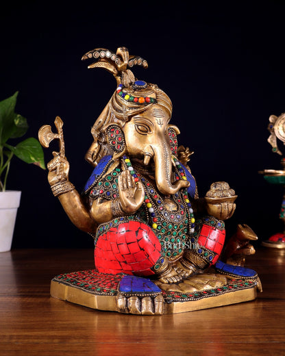 Brass Lord Ganesha Statue with Meenakari Stonework – 9.5" - Budhshiv.com