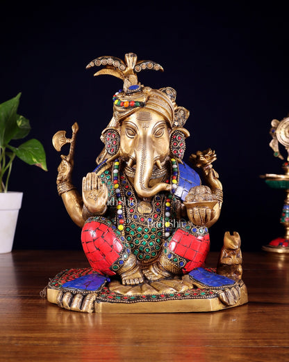 Brass Lord Ganesha Statue with Meenakari Stonework – 9.5" - Budhshiv.com