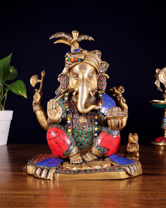 Brass Lord Ganesha Statue with Meenakari Stonework – 9.5" - Budhshiv.com