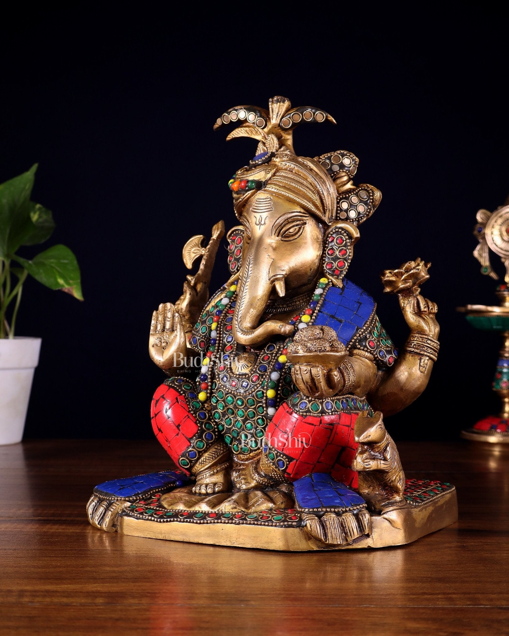 Brass Lord Ganesha Statue with Meenakari Stonework – 9.5" - Budhshiv.com